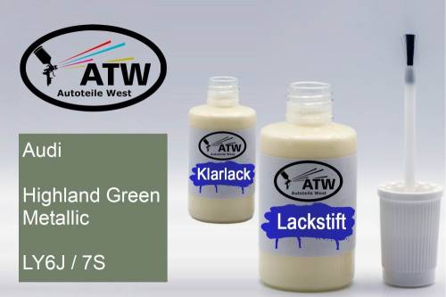 Audi, Highland Green Metallic, LY6J / 7S: 20ml Lackstift + 20ml Klarlack - Set, von ATW Autoteile West.